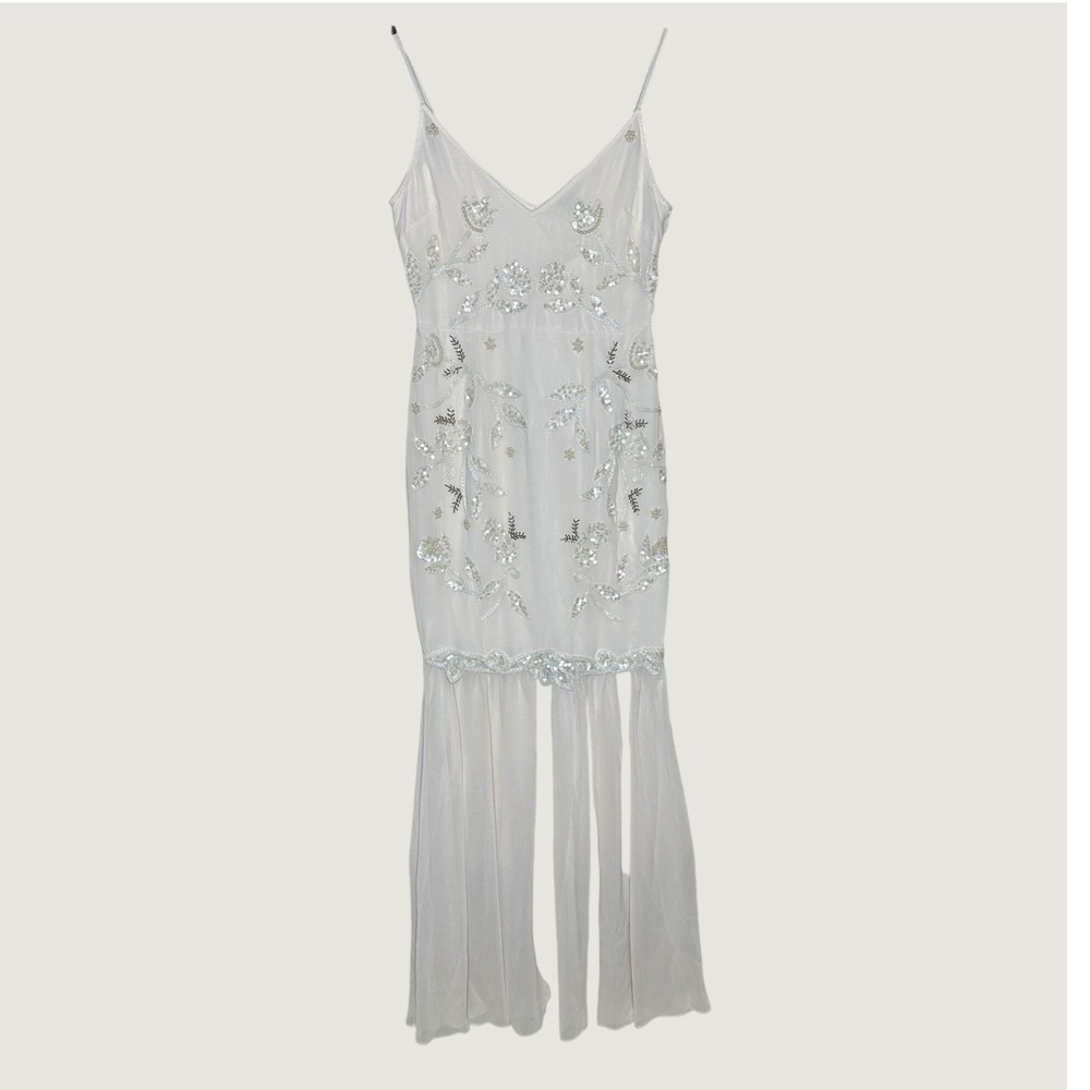 NWT Hope & Ivy Beaded Midi Slip Dress Lace V-Neck Embellished Cream size 8